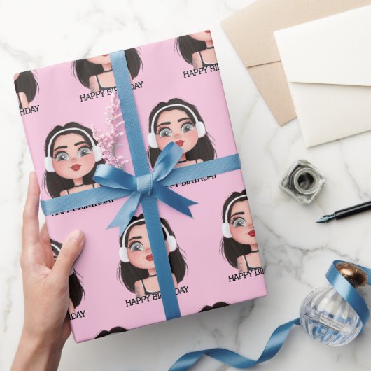 Cartoon Birthday Girl mit Kopfhörern Geschenkpapier (Schenken)