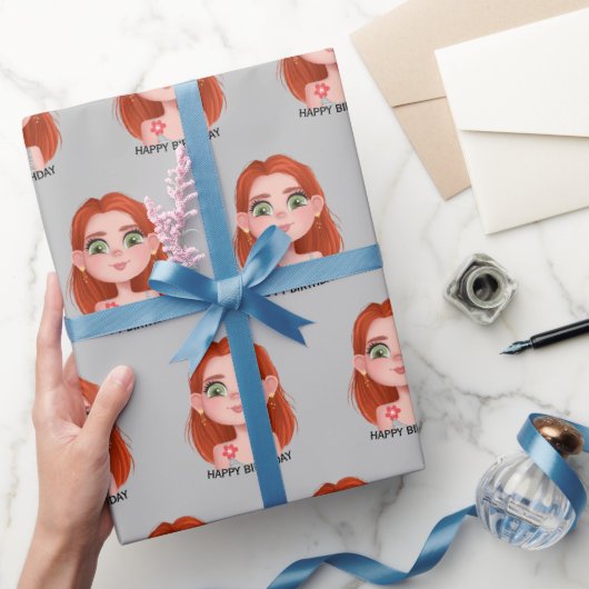Cartoon Birthday Girl mit Rotem Haar Geschenkpapier (Schenken)