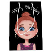 Cartoon Birthday Girl On Black Mittlere Geschenktüte (Vorderseite)