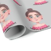 Cartoon Birthday Girl on Gray Geschenkpapier (Rolleneckpunkt)