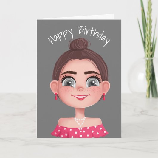 Cartoon Birthday Girl on Gray Karte (Vorderseite)