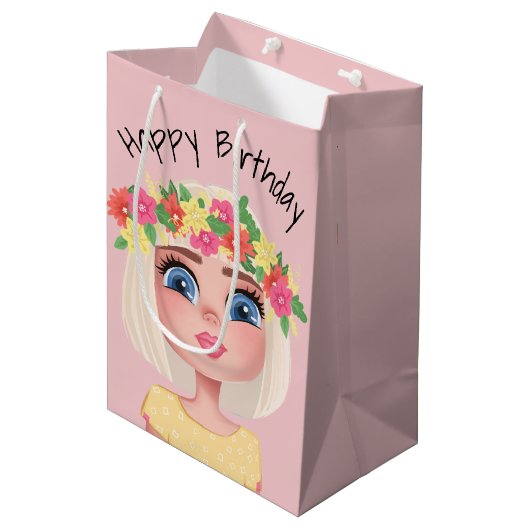 Cartoon Birthday Girl On Pink Mittlere Geschenktüte (Vorderseite Schrägansicht)