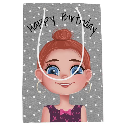 Cartoon Birthday Girl on Polka Dots Mittlere Geschenktüte (Vorderseite)