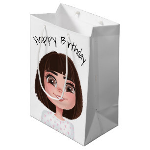 Cartoon Birthday Girl on White Mittlere Geschenktüte
