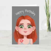 Cartoon Birthday Redhead Girl on Gray