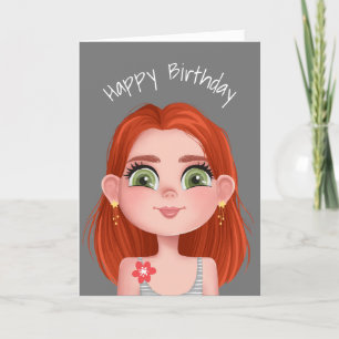 Cartoon Birthday Redhead Girl on Gray Karte
