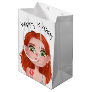 Cartoon Birthday Redhead Girl On White Mittlere Geschenktüte