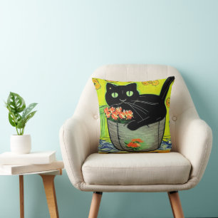 Cartoon Black Cat in Pot Kissen