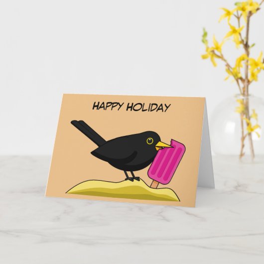 Cartoon Blackbird Eating Ice Creme | Text hinzufüg Karte (Gelbe Blume)