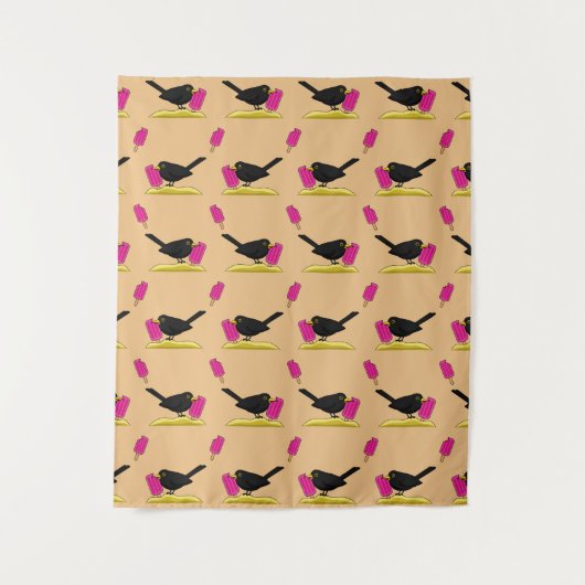 Cartoon Blackbird isst ein Eiscrememuster Wandteppich (Vorderseite)
