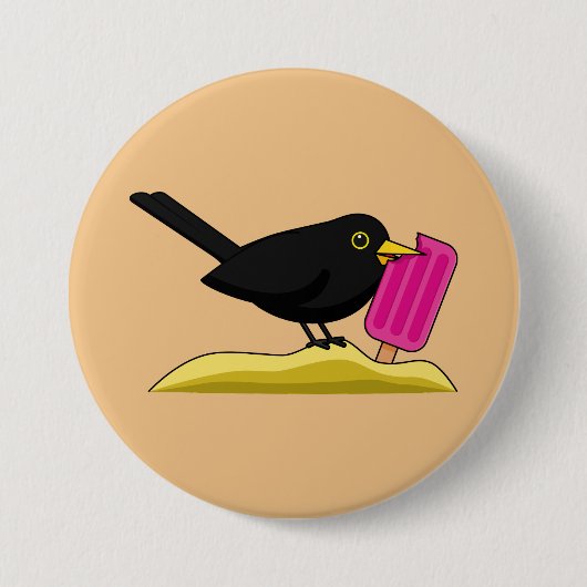 Cartoon Blackbird isst eine Eiscreme Button (Vorderseite)