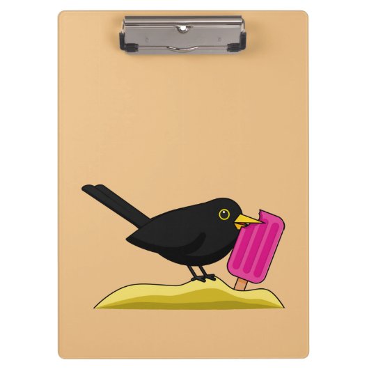 Cartoon Blackbird isst eine Eiscreme Klemmbrett (Vorderseite)