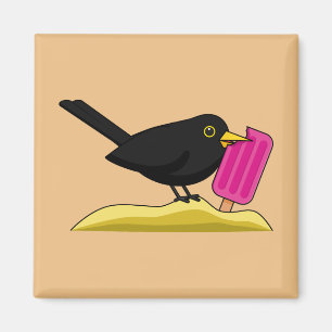 Cartoon Blackbird isst eine Eiscreme Magnet