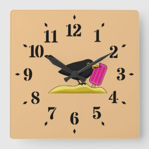 Cartoon Blackbird isst eine Eiscreme Quadratische Wanduhr