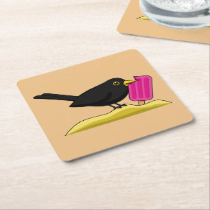 Cartoon Blackbird isst eine Eiscreme Rechteckiger Pappuntersetzer
