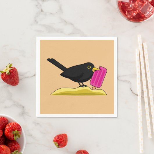 Cartoon Blackbird isst eine Eiscreme Serviette (Beispiel)