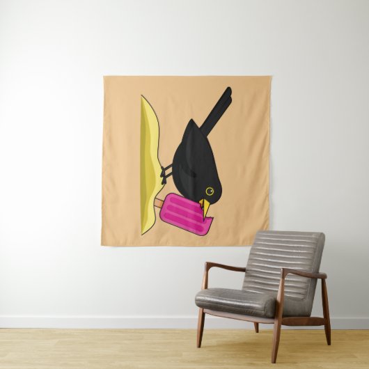 Cartoon Blackbird isst eine Eiscreme Wandteppich (Beispiel (Horizontal))