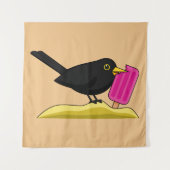 Cartoon Blackbird isst eine Eiscreme Wandteppich (Vorderseite)