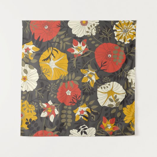 Cartoon Blätter und Blume auf dunklem Hintergrund Wandteppich (Vorderseite (Horizontal))