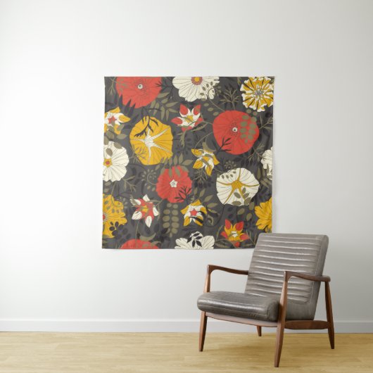 Cartoon Blätter und Blume auf dunklem Hintergrund Wandteppich (Beispiel (Horizontal))