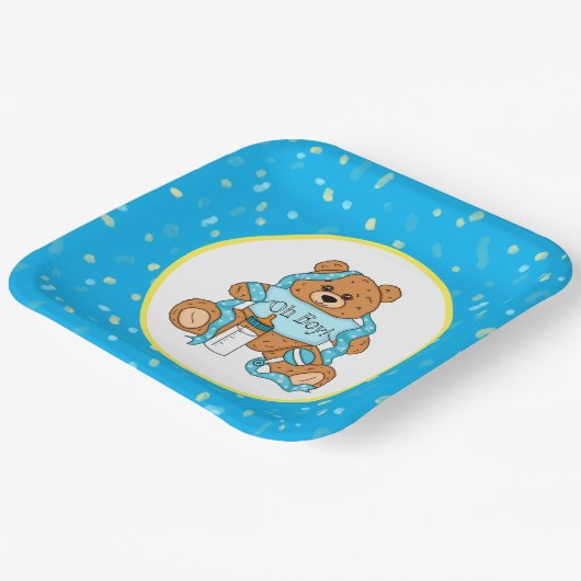 Cartoon blau und gelb Teddy Bear Babydusche Pappteller (Gewinkelt)
