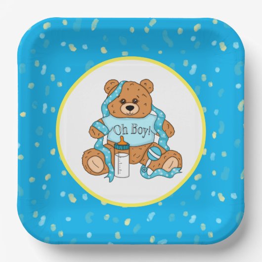 Cartoon blau und gelb Teddy Bear Babydusche Pappteller (Vorderseite)