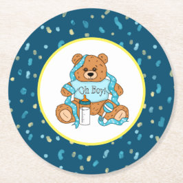 Cartoon blau und gelb Teddy Bear Babydusche Runder Pappuntersetzer