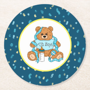 Cartoon blau und gelb Teddy Bear Babydusche Runder Pappuntersetzer