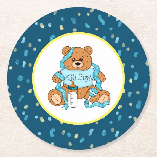 Cartoon blau und gelb Teddy Bear Babydusche Runder Pappuntersetzer (Vorderseite)