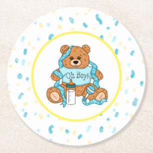 Cartoon blau und gelb Teddy Bear Babydusche Runder Pappuntersetzer