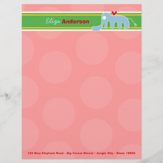 Cartoon Blue Elephant Spaß Rosa Punkte Kinder Kind Briefkopf (Vorderseite)