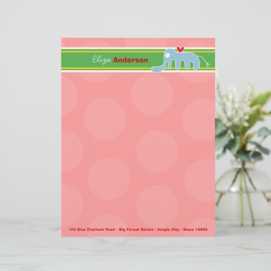 Cartoon Blue Elephant Spaß Rosa Punkte Kinder Kind Briefkopf (Stehend Vorderseite)