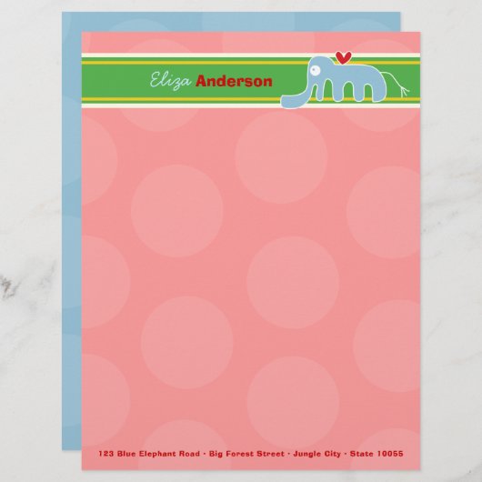 Cartoon Blue Elephant Spaß Rosa Punkte Kinder Kind Briefkopf (Vorne/Hinten)