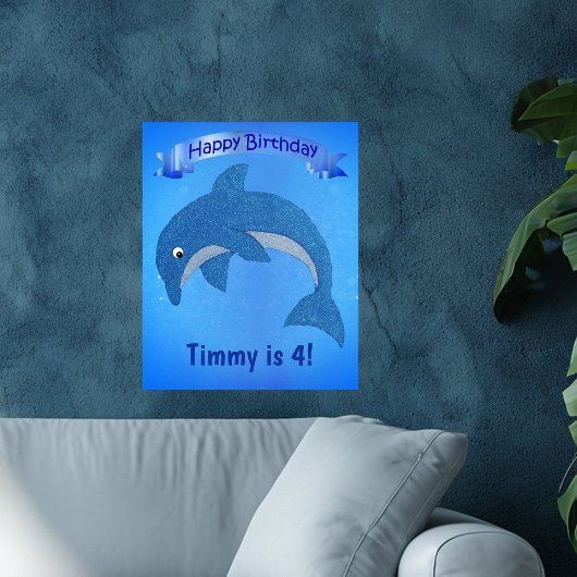 Cartoon Blue Jumping Dolphin Ribbon Kindergeburtst Poster