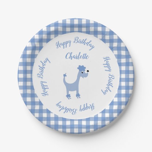 Cartoon Blue Poodle Posh Paws Gingham Geburtstag Pappteller (Vorderseite)