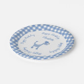Cartoon Blue Poodle Posh Paws Gingham Geburtstag Pappteller (Schrägansicht)