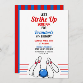Cartoon Blue & Red Bowling Kinder 6. Geburtstag Einladung