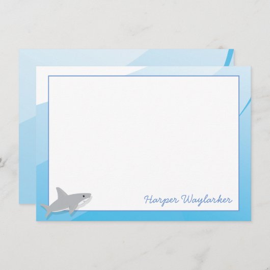 Cartoon Blue White Gray Shark Name Mitteilungskarte (Vorne/Hinten)