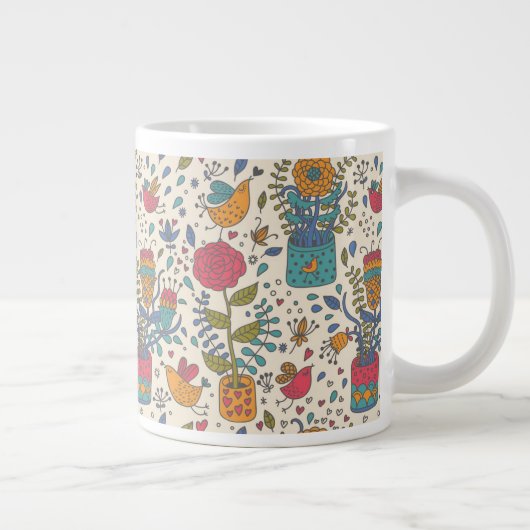 Cartoon Blumenmuster bei Vögeln 2 Jumbo-Tasse (Rechts)