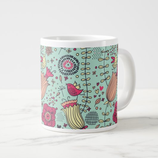 Cartoon Blumenmuster bei Vögeln Jumbo-Tasse (Vorderseite Rechts)