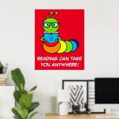 Cartoon Bookworm mit Buch und Brille Poster (Heimbüro)