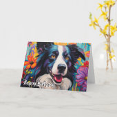 Cartoon Border Collie im Garten Karte (Gelbe Blume)