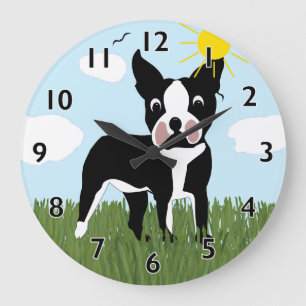 Cartoon Boston Terrier Clock Große Wanduhr