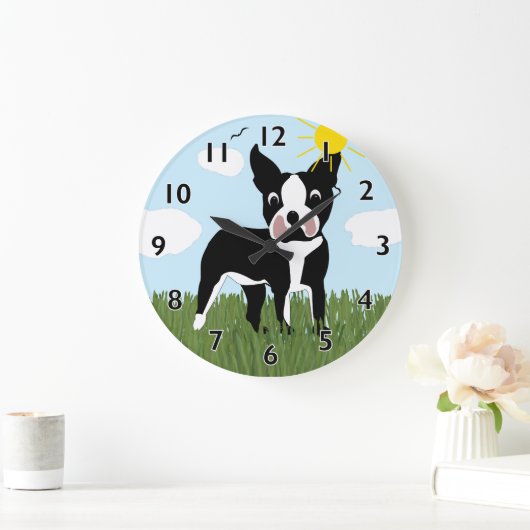 Cartoon Boston Terrier Clock Große Wanduhr (Zuhause)