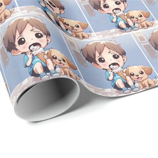 Cartoon Boy isst ein Eiskrem Geschenkpapier (Rolleneckpunkt)