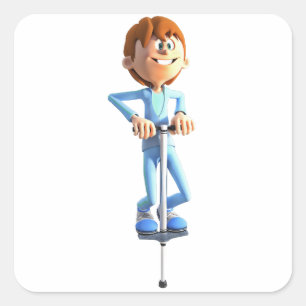 Cartoon Boy on a Pogo Stick Quadratischer Aufkleber