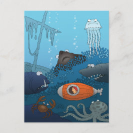 Cartoon Boy U-Boot-Tiere Koralle Welt Postkarte