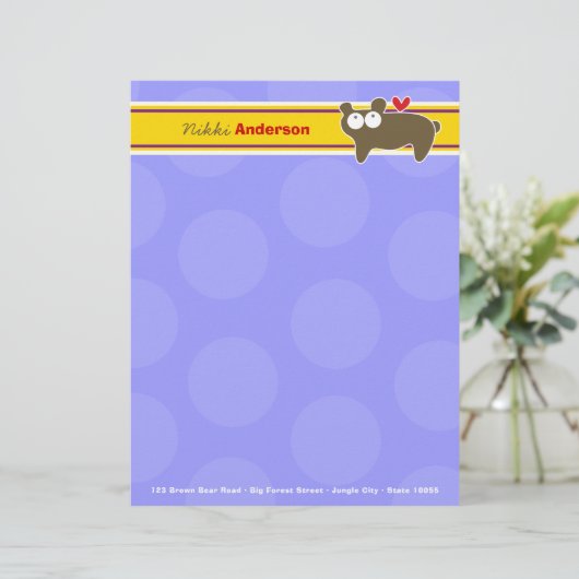 Cartoon Brauner Bär Lila Dots Spaß Kinder Briefkopf (Stehend Vorderseite)