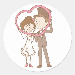 Cartoon-Braut & Bräutigam Braun Rosa Herz Hochzeit Runder Aufkleber