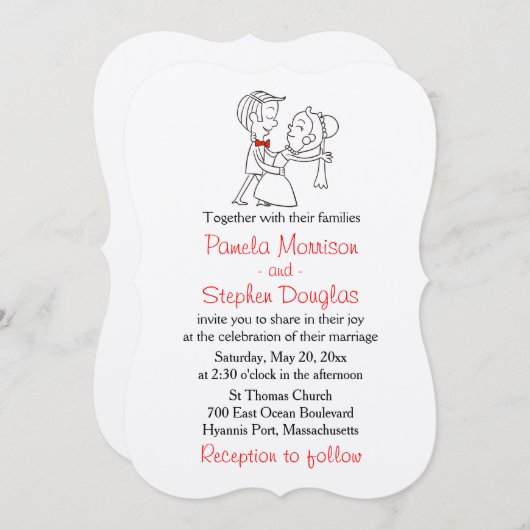 Cartoon Braut & Groom Black, White & Red Wedding Einladung (Vorne/Hinten)